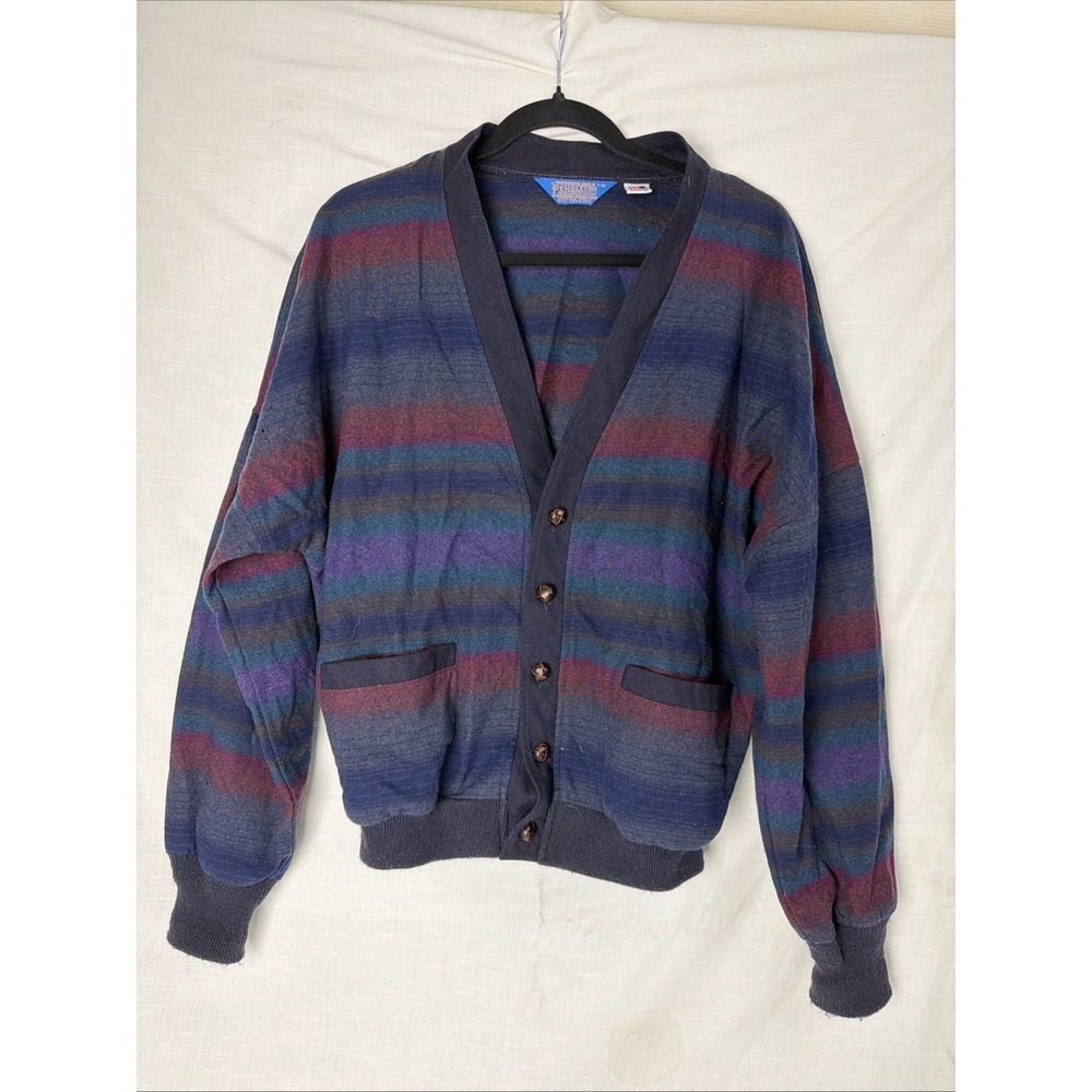 Vintage Pendleton Woolen Mills Blue Rainbow Striped Mens Cardigan Medium 1970's